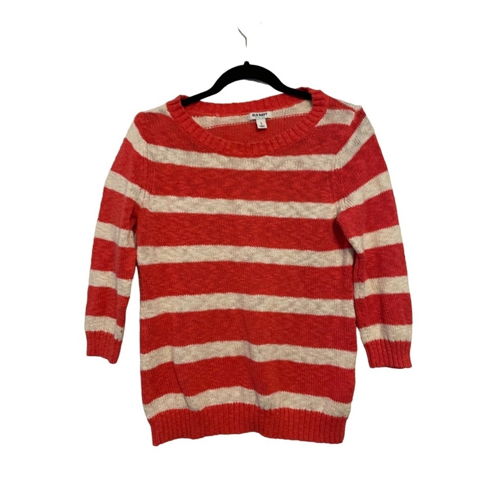 Old Navy Sweater Striped Red White 3/4 Sleeve Knit Pullover Large Nautical Core